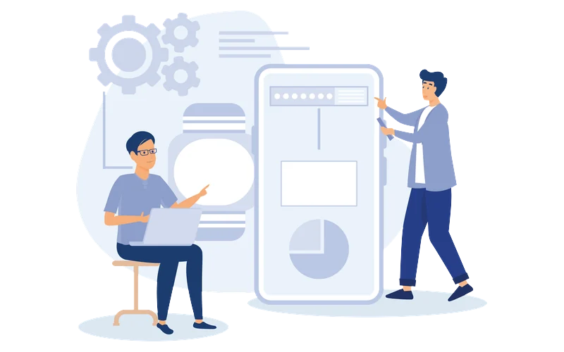 スマートフォン表示を確認しながらホームページを制作するイラスト