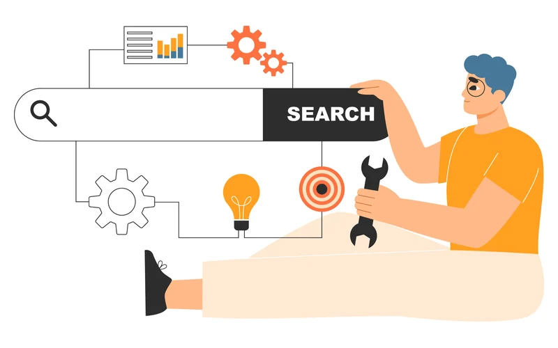 検索窓と歯車でSEO・AI検索向けに情報を整えるイラスト