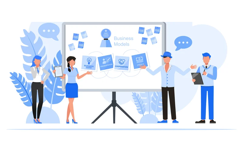 ホワイトボードの前で会社の強みやサービス内容を整理するイラスト
