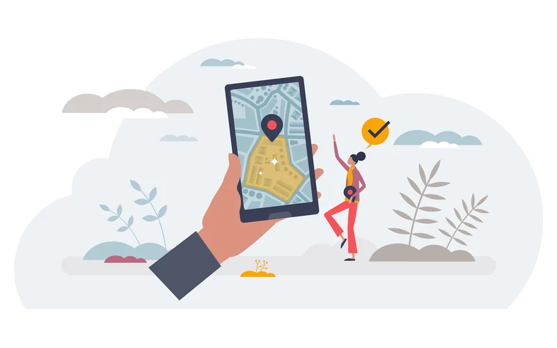 スマートフォンの地図に表示されたお店の位置を確認するイラスト